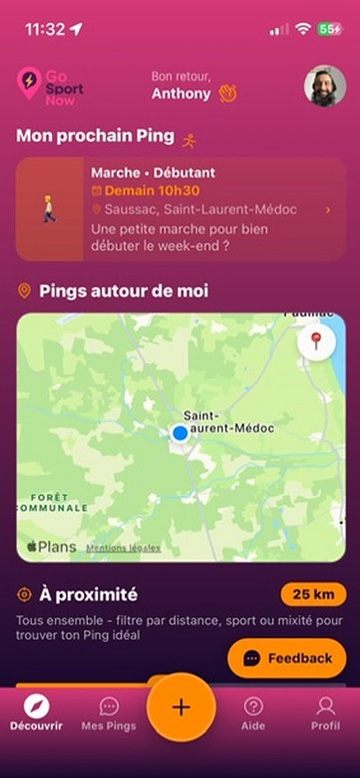GoSportNow app home screen with activity creation and filtering options